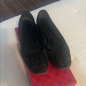 Tory Burch Black Suede Ballet Flats with Logo Plaque